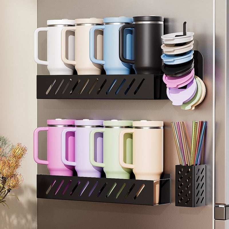 Wolera 2-Pack Magnetic Stanley Cup Holder with Tumbler Lid & Straw Organizer for Full Stanley 30/40 oz Tumblers - Stores Bottle, Lid & Straw on Fridge/Iron - Removable - Image 1