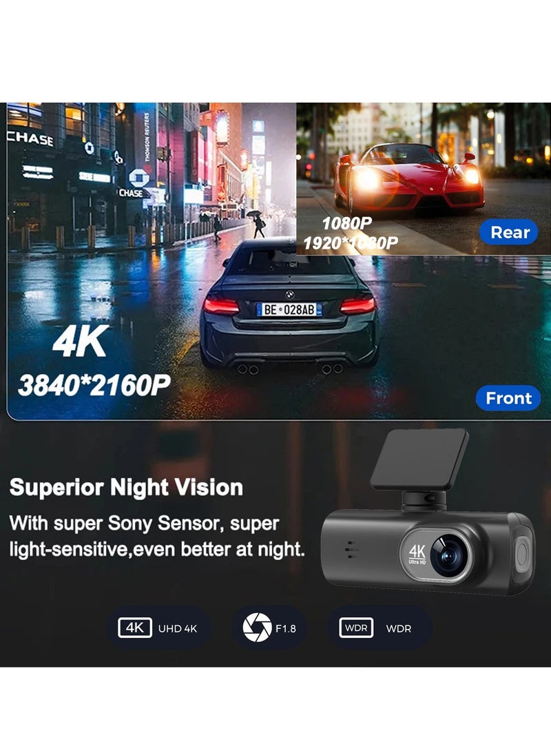 Milatech - UHD 4K car dash cam front and rear dual lens front 3840*2160P rear lens built-in WiFi G sensor with GPS car DVR recorder - Image 1
