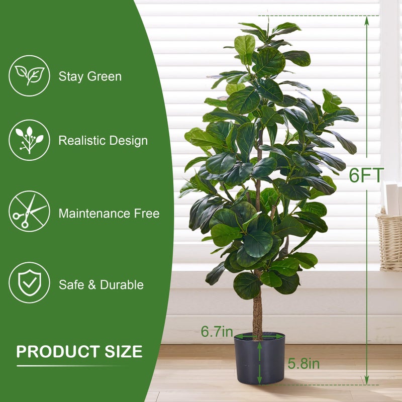 VECELO Artificial Fiddle Leaf Fig Tree 6FT(71in), Tall Fake Floor Plants with 150 Large Realistic Leaves in Plastic Pot for Indoor Outdoor Living Room Home Decor - Image 2