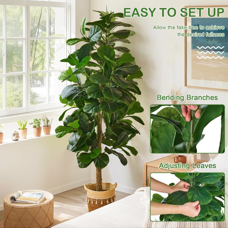 VECELO Artificial Fiddle Leaf Fig Tree 6FT(71in), Tall Fake Floor Plants with 150 Large Realistic Leaves in Plastic Pot for Indoor Outdoor Living Room Home Decor - Image 3