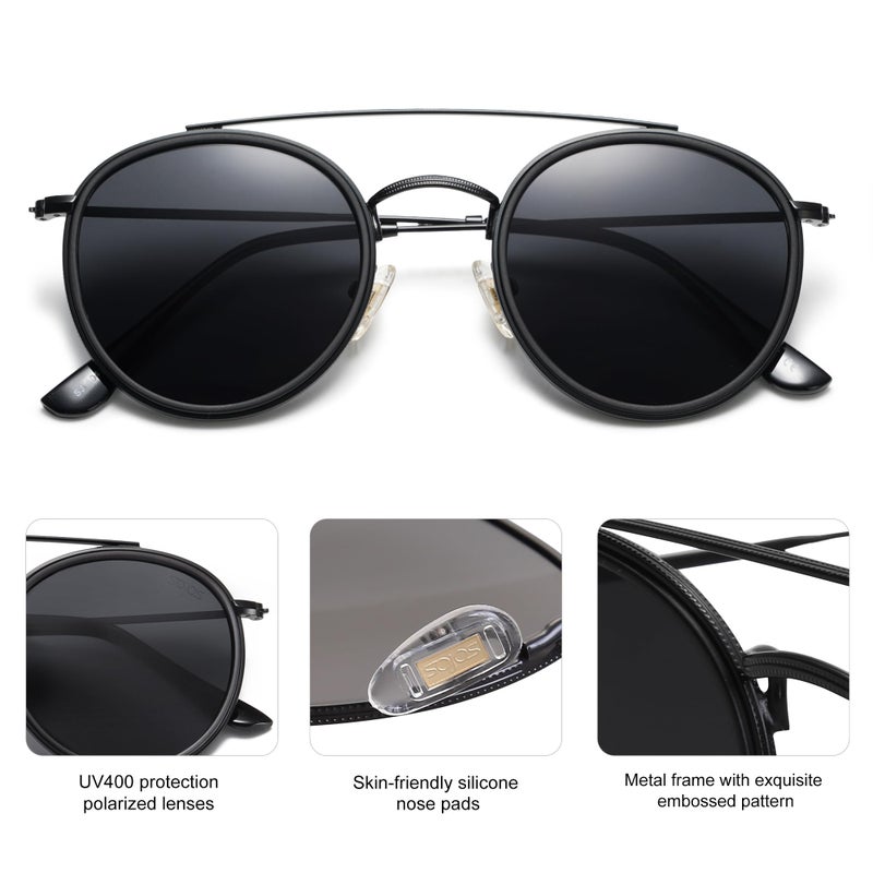 SOJOS Retro Vintage Round Polarized Sunglasses for Women Men Small Double Bridge Circle Sunnies SJ1104, Dark Black/Grey - Image 3