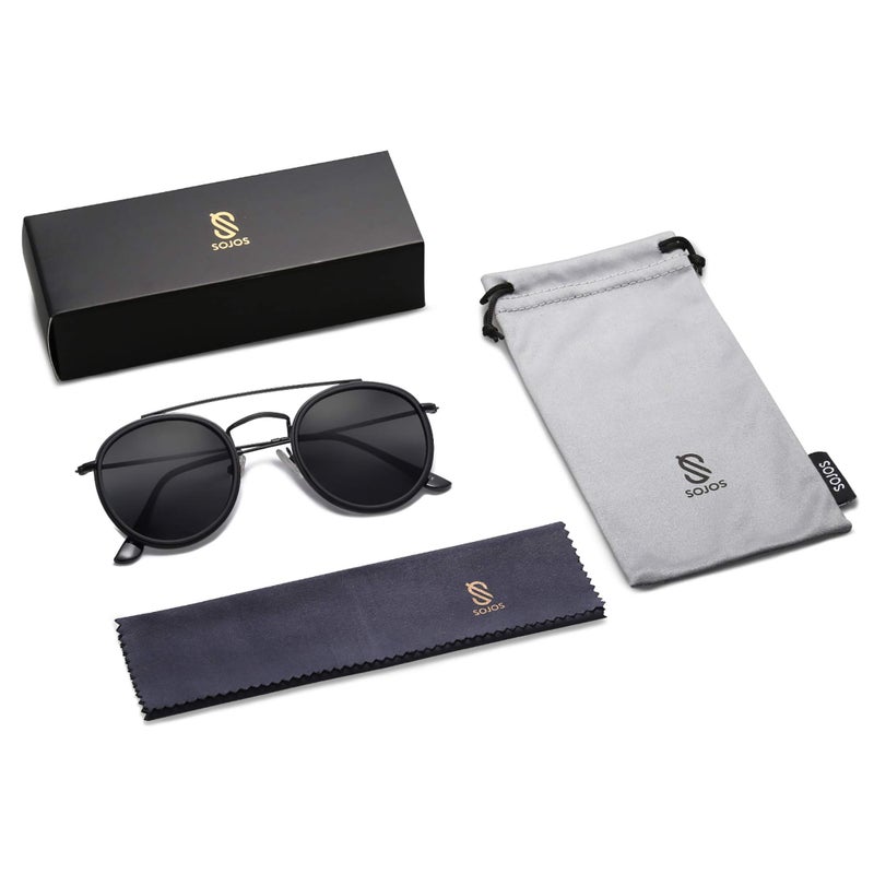 SOJOS Retro Vintage Round Polarized Sunglasses for Women Men Small Double Bridge Circle Sunnies SJ1104, Dark Black/Grey - Image 5
