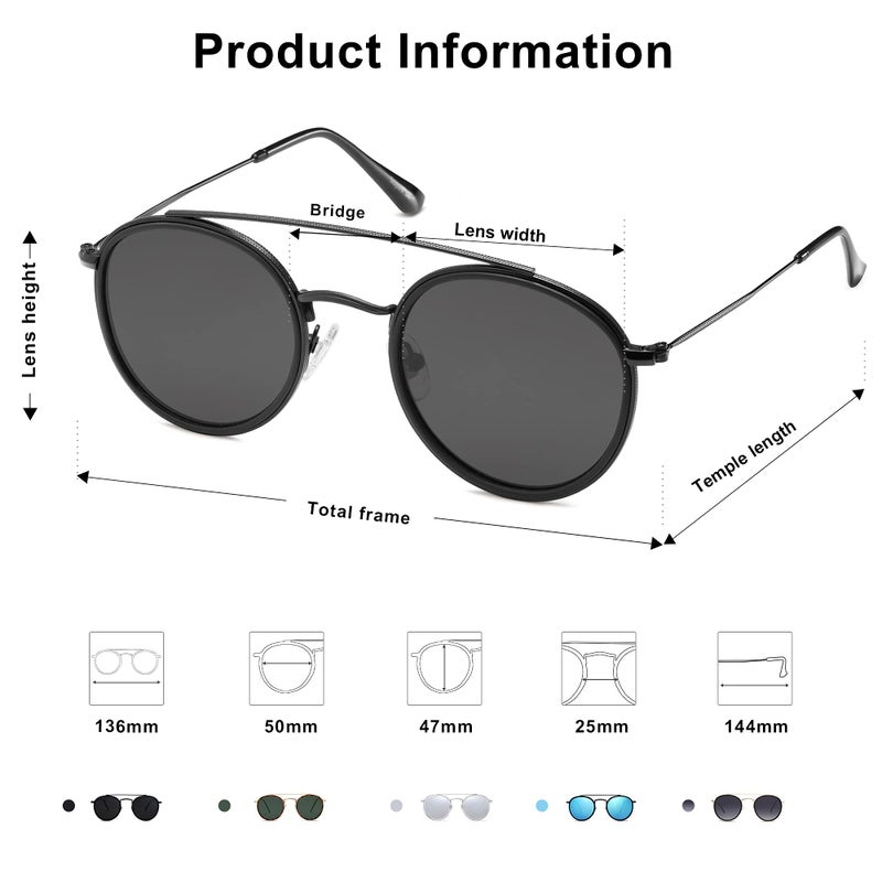 SOJOS Retro Vintage Round Polarized Sunglasses for Women Men Small Double Bridge Circle Sunnies SJ1104, Dark Black/Grey - Image 4