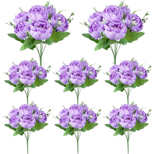 Ovveroche 8 Pack Purple Peonies Artificial Flowers, Fake Silk Hydrangea Bouquet for Bridal Wedding Home Table Decor Reusable Dining Opening Ceremony Birthday Arrangement Faux Floral - Image 1