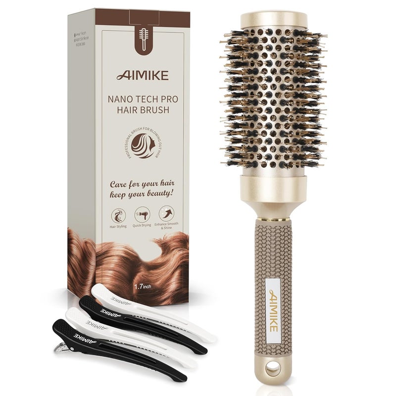 AIMIKE Round Brush Nano Thermal Ceramic  Ionic Tech Hair Brush Round Barrel Brush with Boar Bristles for Blow Drying Styling Curling Add Volume  Shine 29 inch Barrel 17 inch  4 Clips