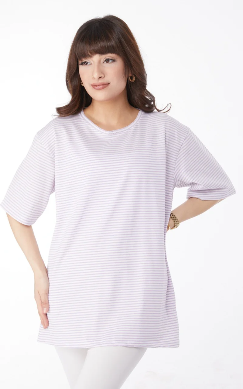 Tofisa Plain Crew Neck Women's Lilac Striped T-Short - 25119