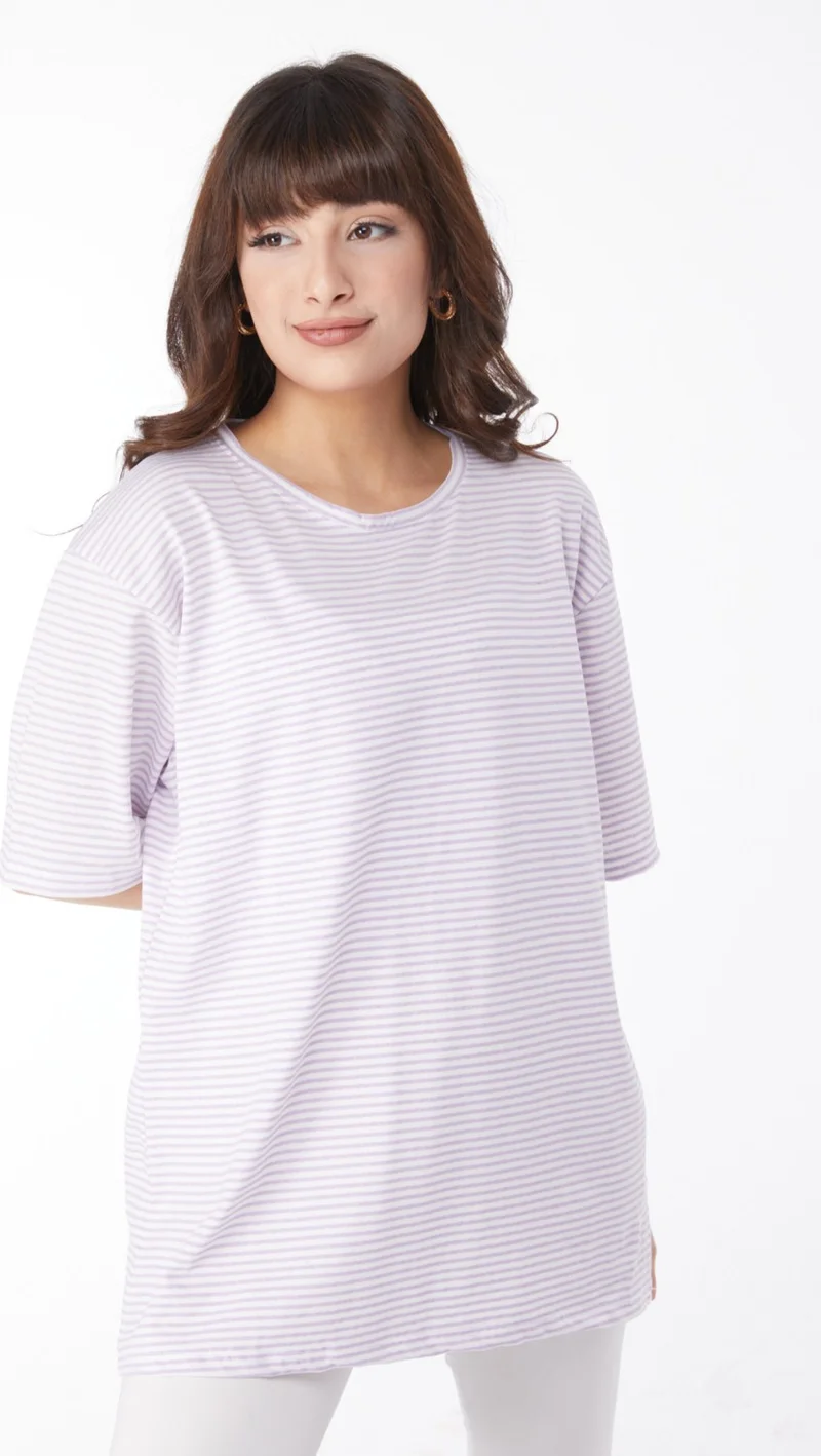Tofisa Plain Crew Neck Women's Lilac Striped T-Short - 25119