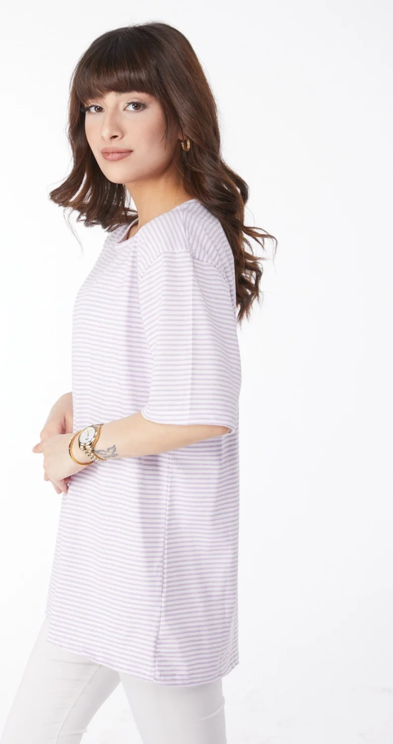 Tofisa Plain Crew Neck Women's Lilac Striped T-Short - 25119