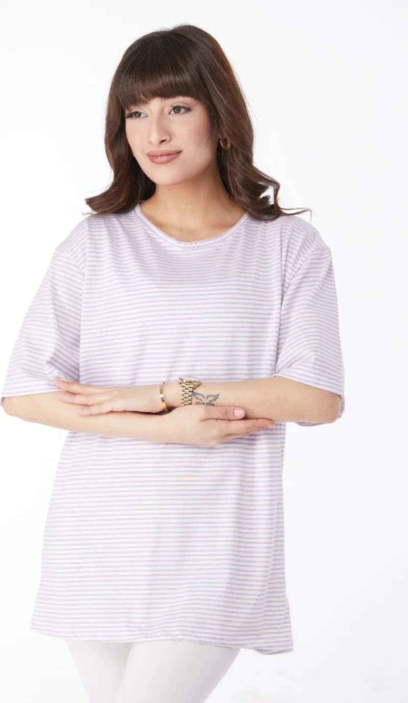 Tofisa Plain Crew Neck Women's Lilac Striped T-Short - 25119