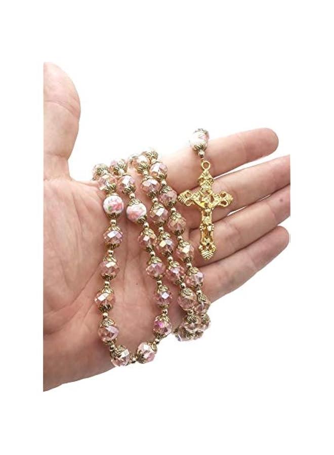 عربست نازاريث ستور قلادة من الخرز الكريستالي الوردي الكاثوليكي الوردي، مسبحة ذهبية مزينة بالخرز على شكل قلب مريم المقدسة، ميدالية متدلية وتميمة متقاطعة دينية للنساء, كريستال, لا أحجار كريمة - Image 3