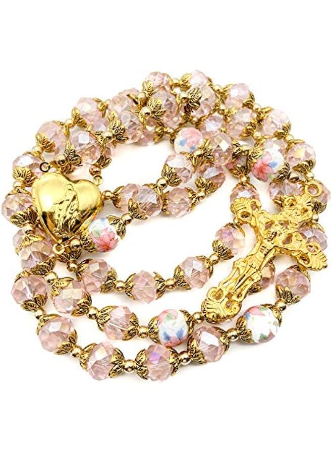 عربست نازاريث ستور قلادة من الخرز الكريستالي الوردي الكاثوليكي الوردي، مسبحة ذهبية مزينة بالخرز على شكل قلب مريم المقدسة، ميدالية متدلية وتميمة متقاطعة دينية للنساء, كريستال, لا أحجار كريمة - Image 4