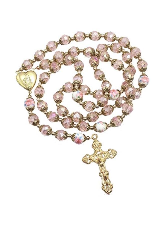 عربست نازاريث ستور قلادة من الخرز الكريستالي الوردي الكاثوليكي الوردي، مسبحة ذهبية مزينة بالخرز على شكل قلب مريم المقدسة، ميدالية متدلية وتميمة متقاطعة دينية للنساء, كريستال, لا أحجار كريمة - Image 1