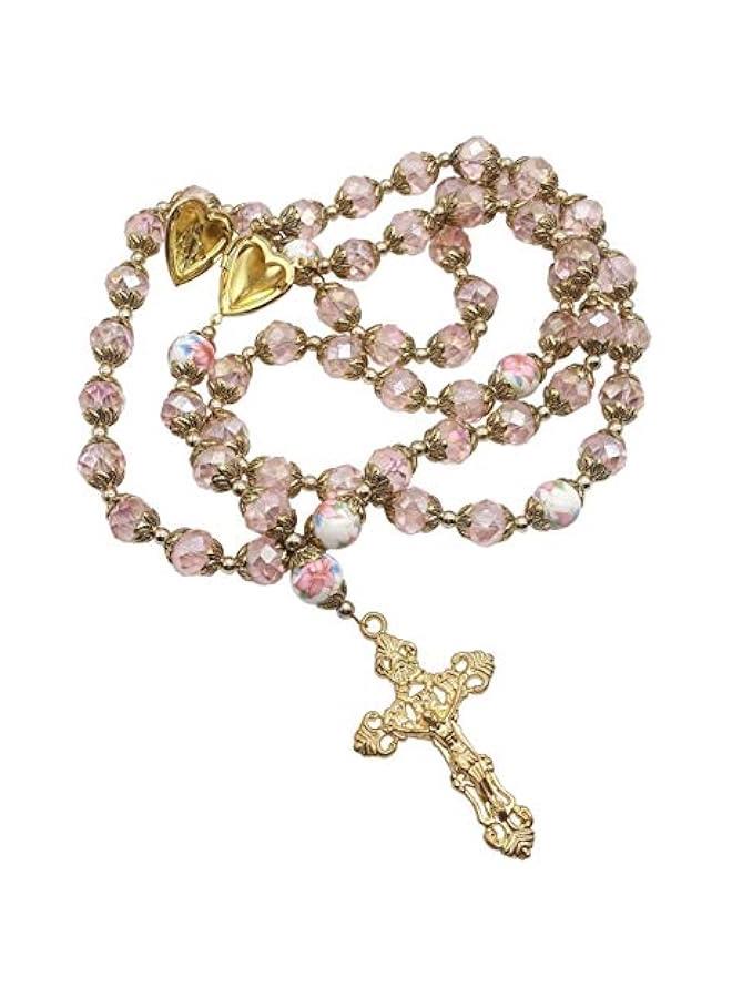 عربست نازاريث ستور قلادة من الخرز الكريستالي الوردي الكاثوليكي الوردي، مسبحة ذهبية مزينة بالخرز على شكل قلب مريم المقدسة، ميدالية متدلية وتميمة متقاطعة دينية للنساء, كريستال, لا أحجار كريمة - Image 2