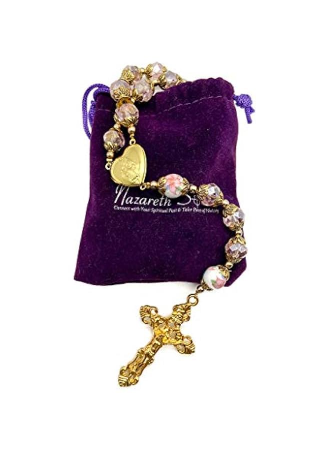 عربست نازاريث ستور قلادة من الخرز الكريستالي الوردي الكاثوليكي الوردي، مسبحة ذهبية مزينة بالخرز على شكل قلب مريم المقدسة، ميدالية متدلية وتميمة متقاطعة دينية للنساء, كريستال, لا أحجار كريمة - Image 5