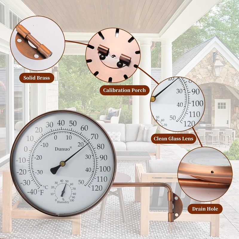 DUNUO 6" Outdoor Thermometer for Greenhouse, Garage and Patio. Weatherproof & Decorative Outside Temperature Gauge for Window, Antique Copper with Humidity (Easy-Read Brass Swivel Design) - Image 4