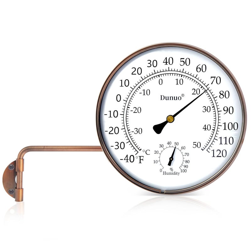 DUNUO 6" Outdoor Thermometer for Greenhouse, Garage and Patio. Weatherproof & Decorative Outside Temperature Gauge for Window, Antique Copper with Humidity (Easy-Read Brass Swivel Design) - Image 1