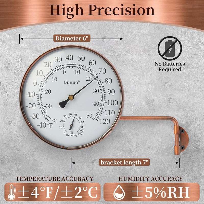 DUNUO 6" Outdoor Thermometer for Greenhouse, Garage and Patio. Weatherproof & Decorative Outside Temperature Gauge for Window, Antique Copper with Humidity (Easy-Read Brass Swivel Design) - Image 2