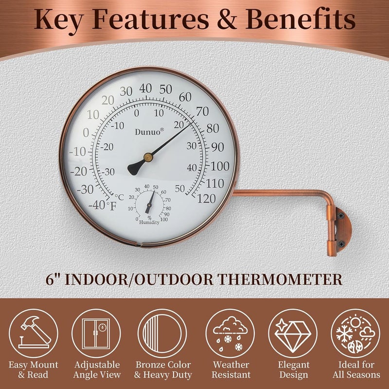 DUNUO 6" Outdoor Thermometer for Greenhouse, Garage and Patio. Weatherproof & Decorative Outside Temperature Gauge for Window, Antique Copper with Humidity (Easy-Read Brass Swivel Design) - Image 3