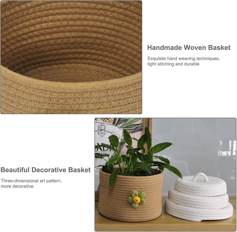 Storage Basket with Lid, 3pcs Natural Cotton Rope Woven Baskets for Organizing Cat Dog Toys Bedroom Living Room Home Decor Cute Organizers Bins Round Mini Storage Woven Basket for Storage(Brown) - Image 5