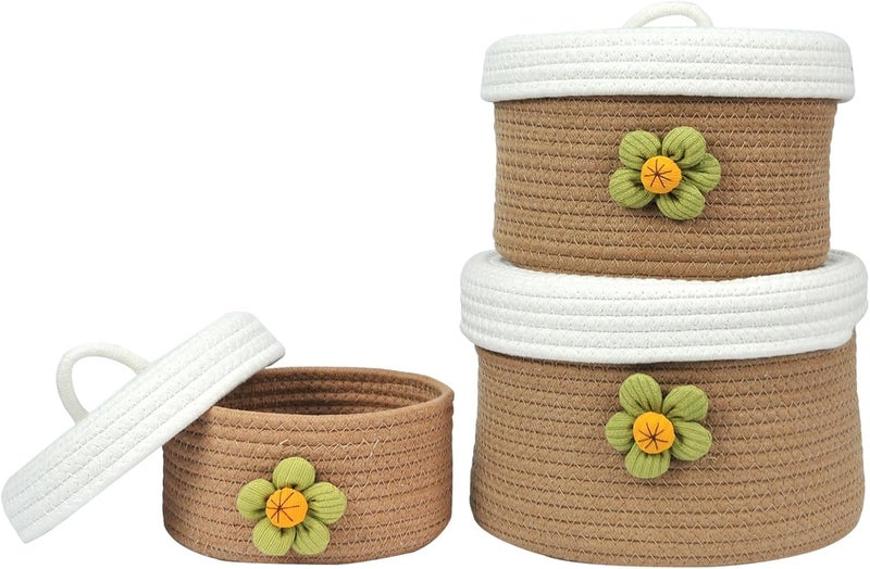 Storage Basket with Lid, 3pcs Natural Cotton Rope Woven Baskets for Organizing Cat Dog Toys Bedroom Living Room Home Decor Cute Organizers Bins Round Mini Storage Woven Basket for Storage(Brown) - Image 1