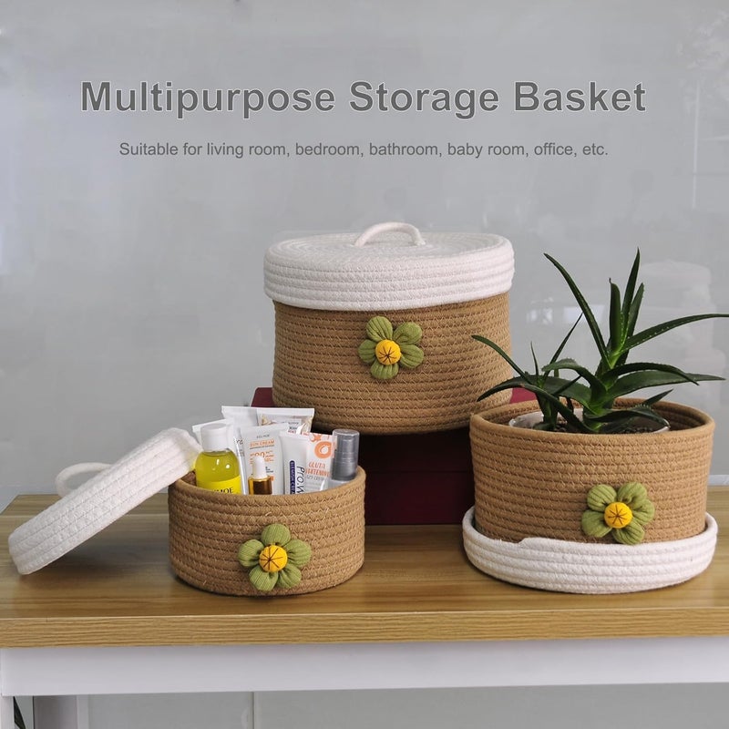 Storage Basket with Lid, 3pcs Natural Cotton Rope Woven Baskets for Organizing Cat Dog Toys Bedroom Living Room Home Decor Cute Organizers Bins Round Mini Storage Woven Basket for Storage(Brown) - Image 2