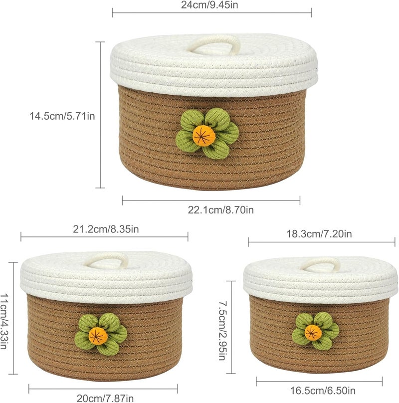 Storage Basket with Lid, 3pcs Natural Cotton Rope Woven Baskets for Organizing Cat Dog Toys Bedroom Living Room Home Decor Cute Organizers Bins Round Mini Storage Woven Basket for Storage(Brown) - Image 3