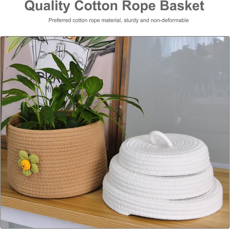 Storage Basket with Lid, 3pcs Natural Cotton Rope Woven Baskets for Organizing Cat Dog Toys Bedroom Living Room Home Decor Cute Organizers Bins Round Mini Storage Woven Basket for Storage(Brown) - Image 4