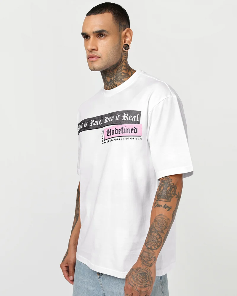 bewakoof Men's White Undefined Typography Oversized T-shirt