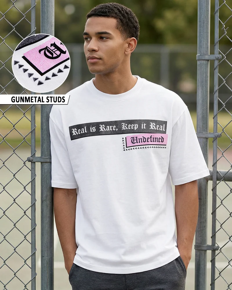 bewakoof Men's White Undefined Typography Oversized T-shirt