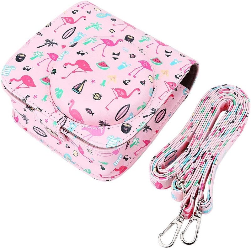 klarako Camera Case Bag Flamingo Pattern Camera Bag Protective PU Leather Camera Case Bag with Strap for Fujifilm Instax Mini 8/8 /9 (Pink) - Image 1