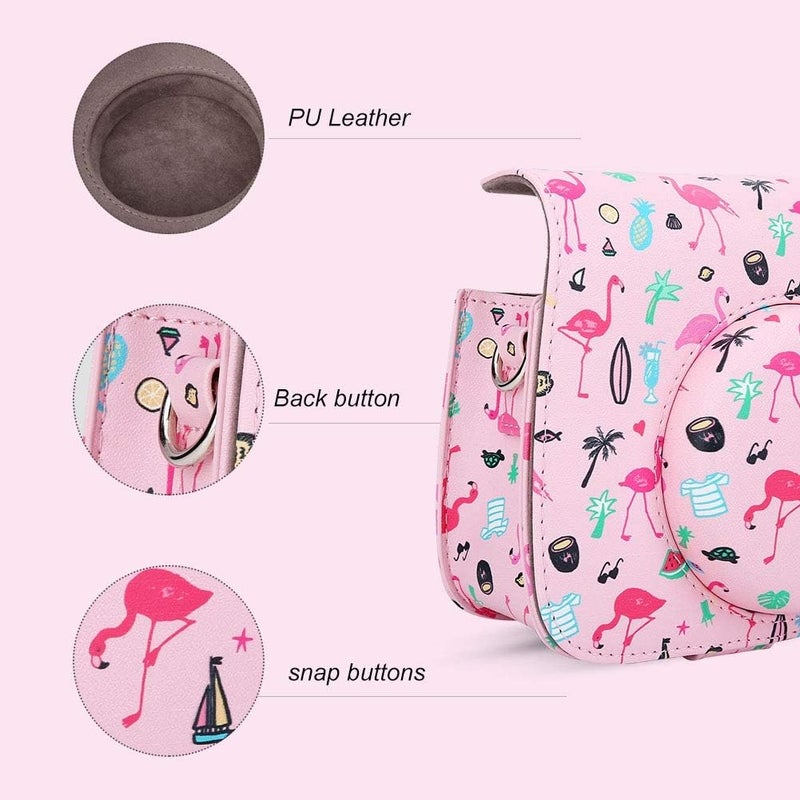klarako Camera Case Bag Flamingo Pattern Camera Bag Protective PU Leather Camera Case Bag with Strap for Fujifilm Instax Mini 8/8 /9 (Pink) - Image 3