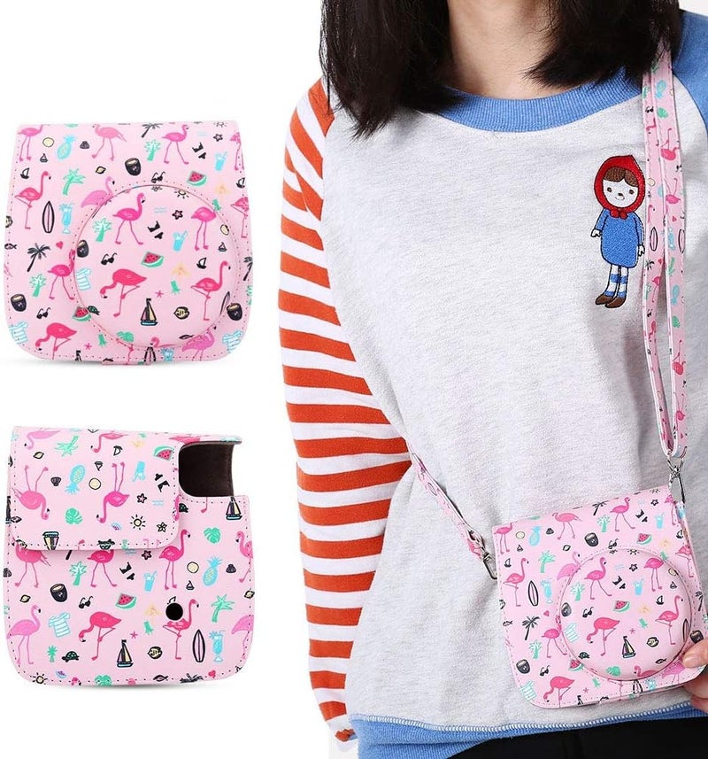 klarako Camera Case Bag Flamingo Pattern Camera Bag Protective PU Leather Camera Case Bag with Strap for Fujifilm Instax Mini 8/8 /9 (Pink) - Image 4