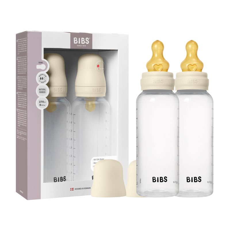BIBS Baby Bottle 9 oz / 270 ml Natural Rubber Latex Nipple 2 Pack - Anti-Colic, BPA-Free, Round Nipple, Medium Flow, Lightweight & Easy to Clean, Suitable for Newborns 0+ Years - Ivory - Image 1