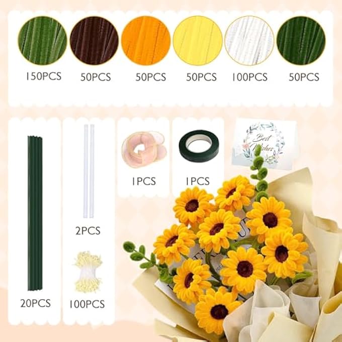 450 PCS SUNFLOWER CRAFT KIT, YELLOW PIPE CLEANERS WITH FLORAL WIRES & STAMEN, DIY FLOWER MAKING SUPPLIES FOR HOME DECOR, GIFTS AND PARTY - Image 2