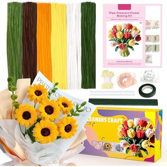 450 PCS SUNFLOWER CRAFT KIT, YELLOW PIPE CLEANERS WITH FLORAL WIRES & STAMEN, DIY FLOWER MAKING SUPPLIES FOR HOME DECOR, GIFTS AND PARTY - Image 1