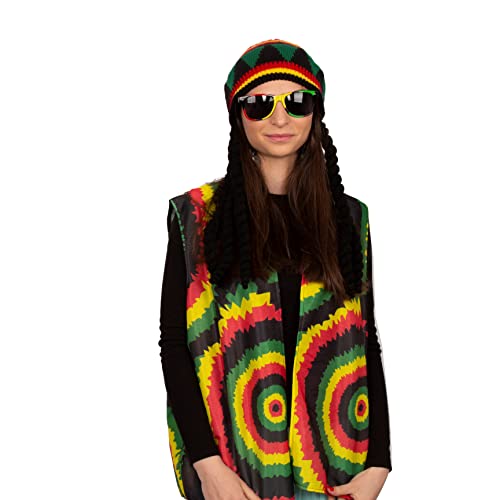 Tigerdoe Rasta Hat with Black Dreadlock Wig 3 Pc Set Reggae Hat Vest Sunglasses Jamaican Costume Accessories - Image 3