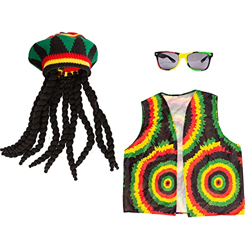 Tigerdoe Rasta Hat with Black Dreadlock Wig 3 Pc Set Reggae Hat Vest Sunglasses Jamaican Costume Accessories - Image 1