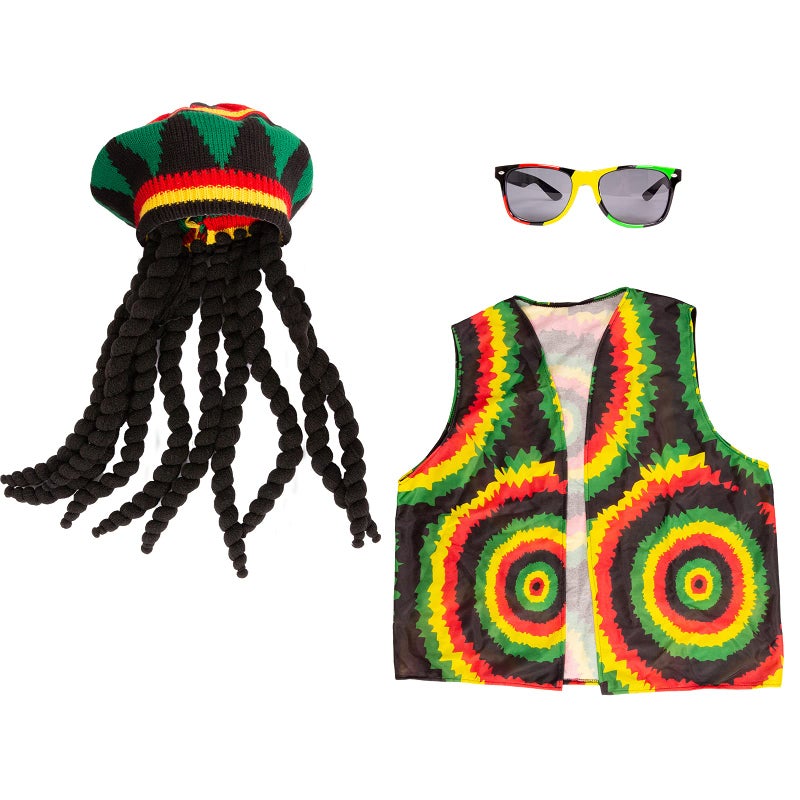 Tigerdoe Rasta Hat with Black Dreadlock Wig 3 Pc Set Reggae Hat Vest Sunglasses Jamaican Costume Accessories - Image 2