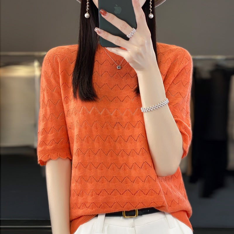 Z-Line Ready-To-Wear Fine Wool Short-Sleeve T-Shirt For Women, New Summer Style, Round Neck, Hollow-Out, Thin Top, Stylish Base Shirt - Image 1