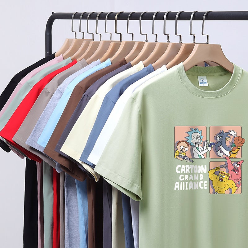 200G Heavy Cotton T-Shirt Men'S Short-Sleeved Cartoon Printed T-Shirt Loose Top Men'S White Base - Image 5