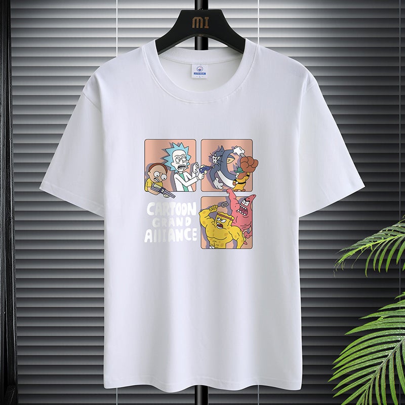 200G Heavy Cotton T-Shirt Men'S Short-Sleeved Cartoon Printed T-Shirt Loose Top Men'S White Base - Image 2