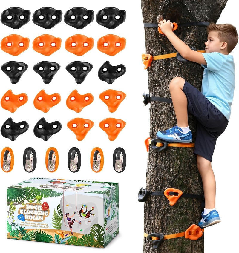 TOPNEW 20 Ninja Tree Climbing Holds for Kids Climber, Orange & Black Tree Climbing Kit with 6 Ratchet Straps for Outdoor Ninja Warrior Obstacle Course Training - Image 1