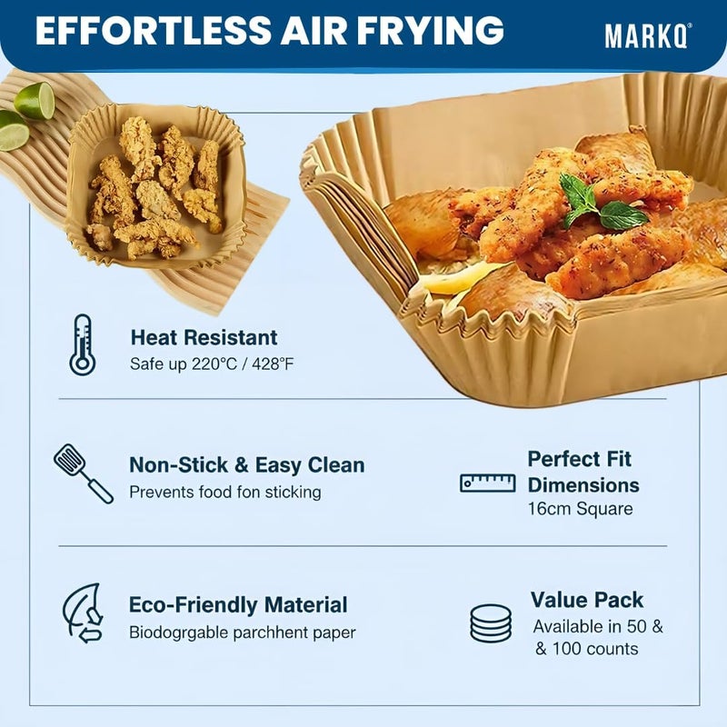MARKQ 50 Pieces Air Fryer Disposable Paper Liners – Non Stick Oil Resistant Parchment Liners for Cooking, Baking, Roasting in Air Fryer, Oven, Microwave, Steamer, 16cm/6.3 inch, Brown - Image 2