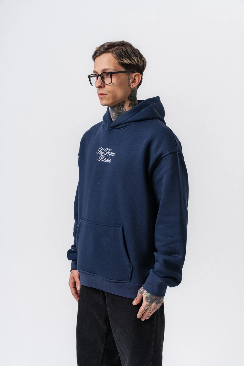 RESPIRE Men's Far From Basic Embroidered Hooded Oversize Hoodie Navy Blue