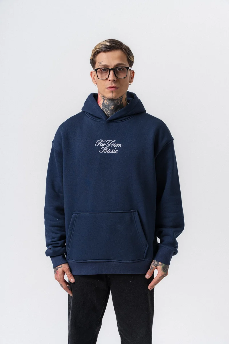 RESPIRE Men's Far From Basic Embroidered Hooded Oversize Hoodie Navy Blue