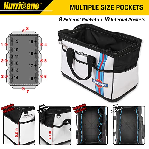 HURRICANE 16 inch Wide Mouth Tool Bag with Water Proof Molded Base with Extra Shoulder Strap, Upgrade Version, Racing theme-White, Multi Pockets, Large Inner Space - Image 4