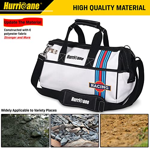 HURRICANE 16 inch Wide Mouth Tool Bag with Water Proof Molded Base with Extra Shoulder Strap, Upgrade Version, Racing theme-White, Multi Pockets, Large Inner Space - Image 5