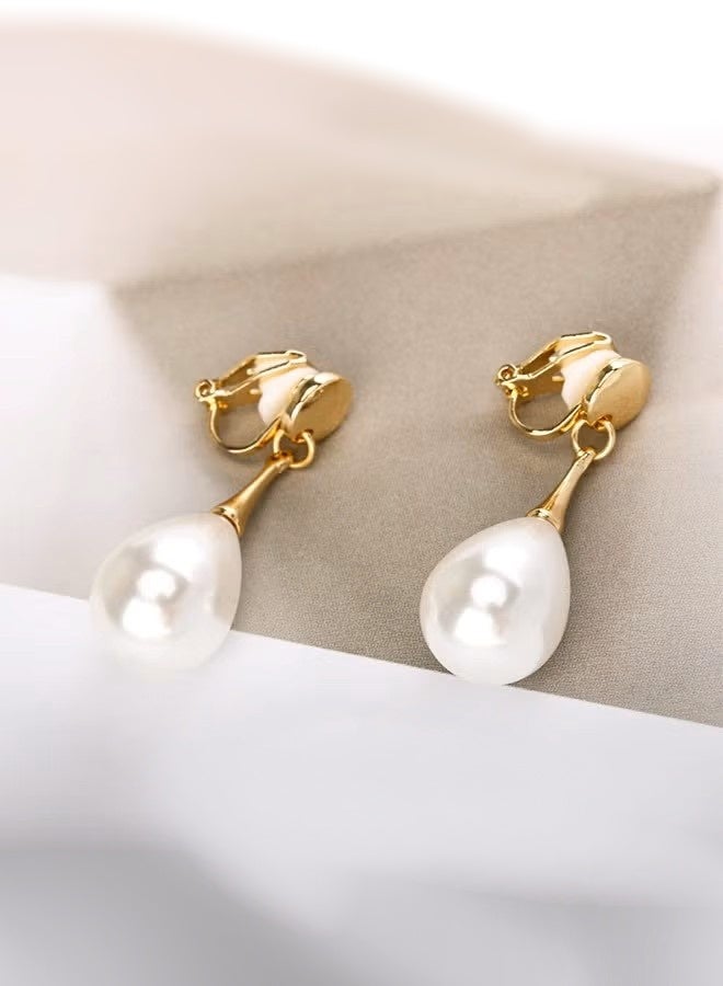 Baroque Imitation Pearl Clip Earrings Gold Plated Non Pierced Clip, Alloy Anti Rust Anti Corrosion Small and Portable Painless Earring, Fashion Simplicity Earring (Gold) - Image 2