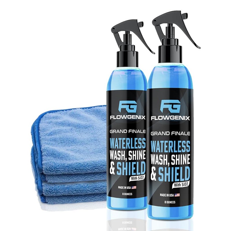 Flowgenix Waterless Car Wash Spray Grand Finale Motorcycle Cleaner Car Wax Spray Polish 8 oz Ceramic Coating Incl 2 Microfiber Towels Quick Detailer Spray 2Pack