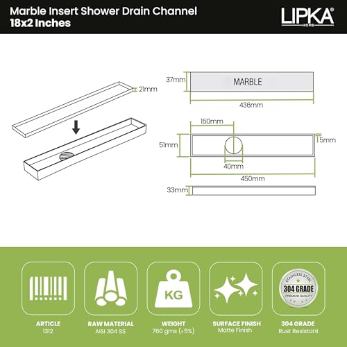 LIPKA 18 x 2 Inch Marble Insert Floor Drain, 304 Stainless Steel Invisible Shower Drain Channel for Bathroom, Waste Water Floor Drainer with Jali, Linear Drain for Tile & Marble Flooring - Image 2